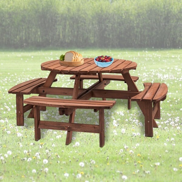 43.3'' Round Wooden Outdoor Picnic Dining Table with 4 Builtin Benches for 8 Person