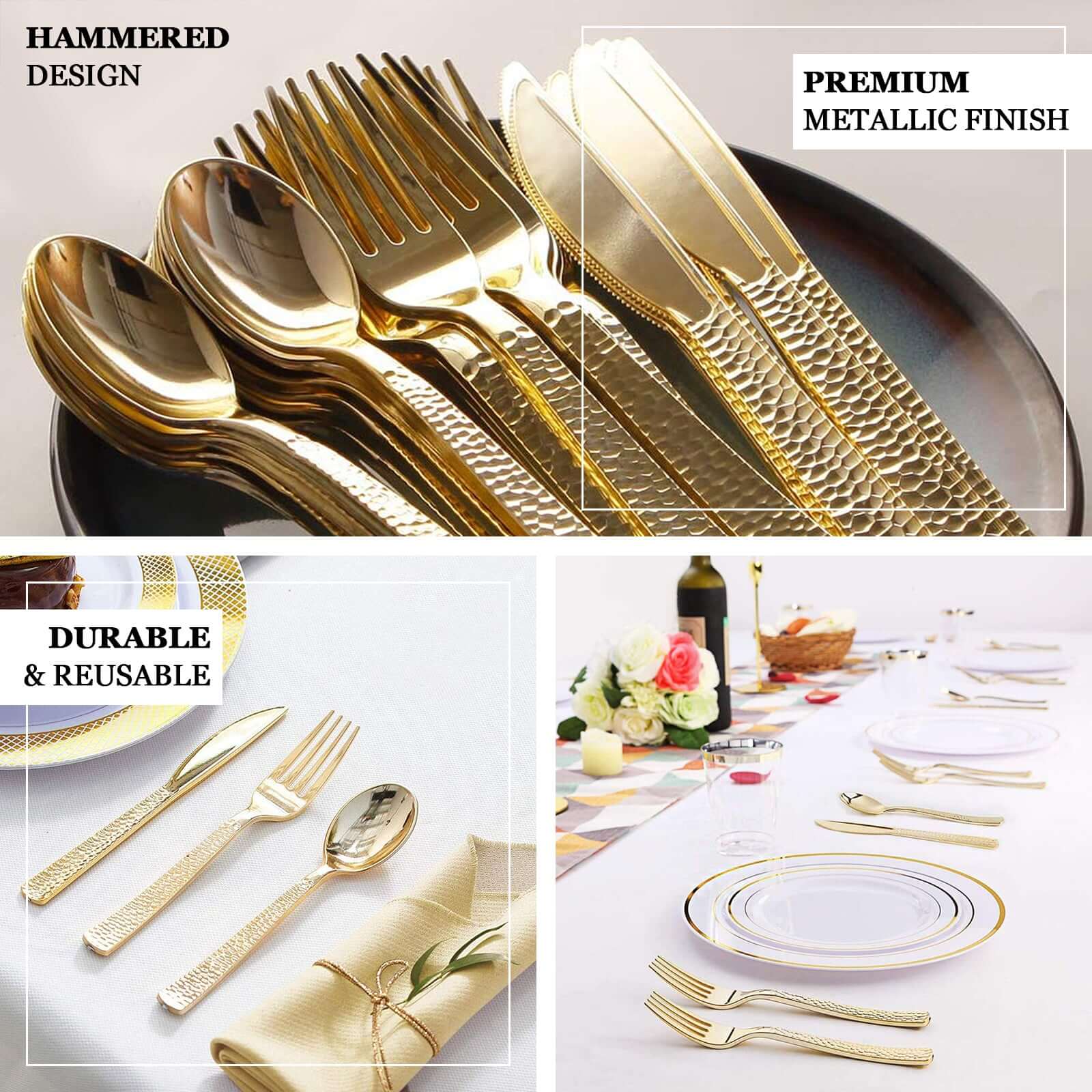 24 Pack Hammered Design Gold Heavy Duty Plastic Silverware Set 7