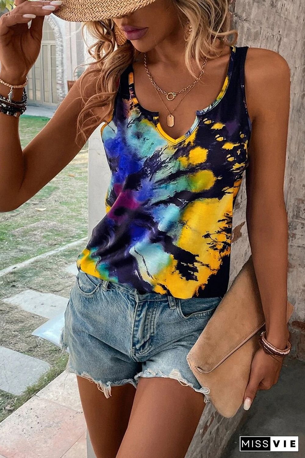 Split V Neck Tie Dye Tank Top