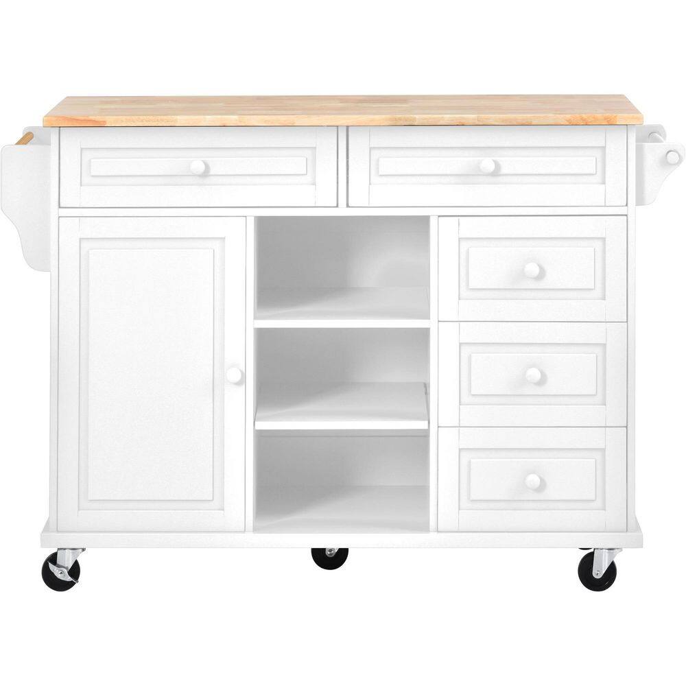 Runesay White Kitchen Island Cart Rubber Wood Desktop Rolling Mobile with Adjustable Shelves Storage and 5-Drawer KIWH-11193