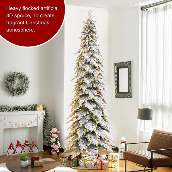 Glitzhome 11ft PreLit Flocked Pencil Spruce Artificial Christmas Tree with 700 Warm White Lights