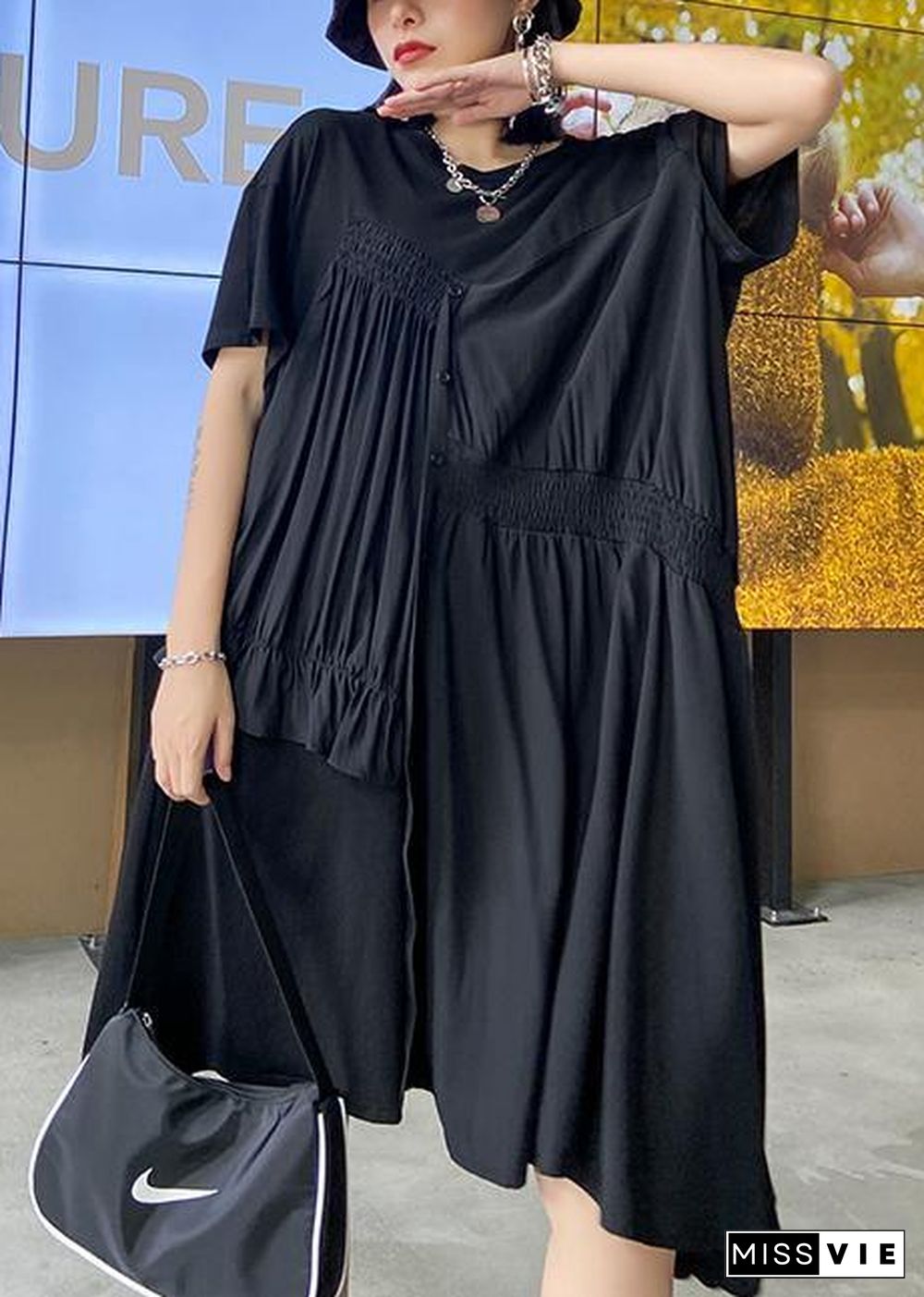 Women black Tunics o neck Cinched Maxi asymmetric Dress