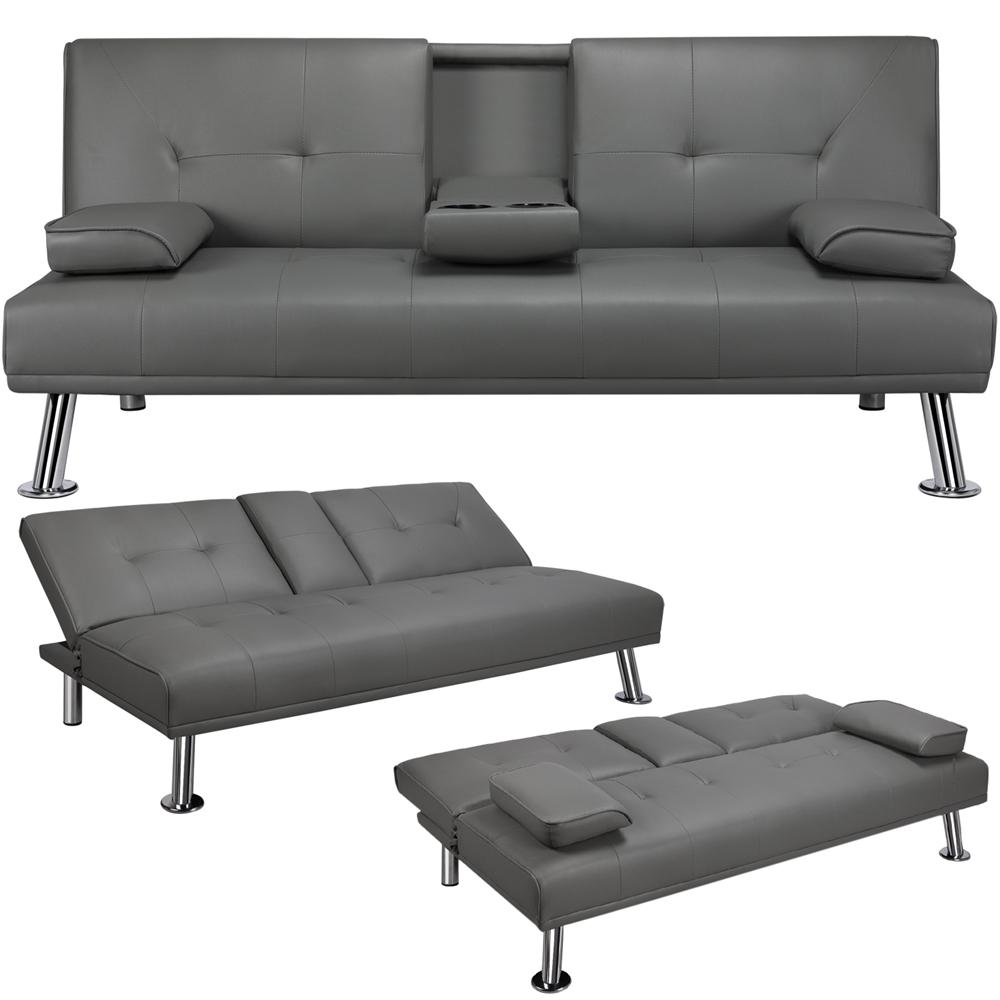 LuxuryGoods Modern Faux Leather Futon with Cupholders and Pillows Gray  Crowdfused