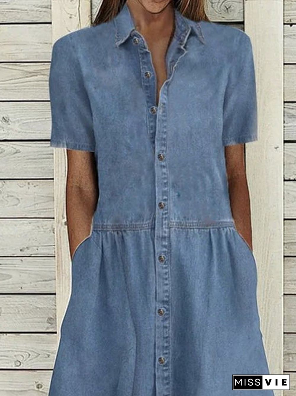 Women'S Dresses Casual Lapel Button Pocket Denim Dress