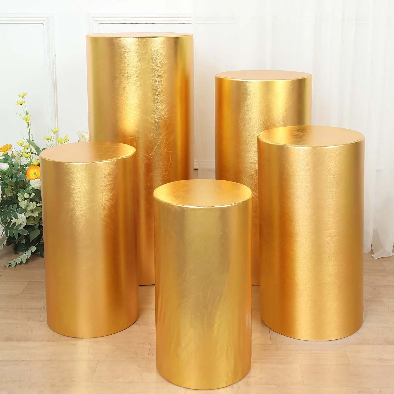 Set of 5 Metallic Gold Spandex Cylinder Pillar Prop Covers, Shiny Stretchable Pedestal Stand Covers - 130 GSM