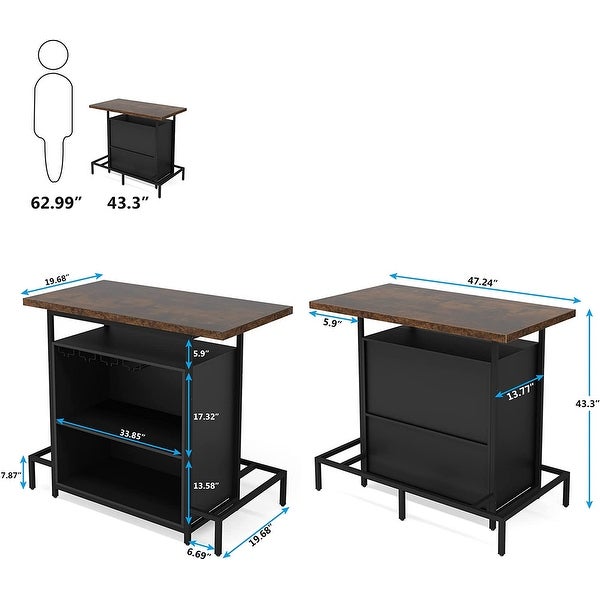 3-Tier Liquor Bar Table with Glasses Holder， Wine Storage， Footrest