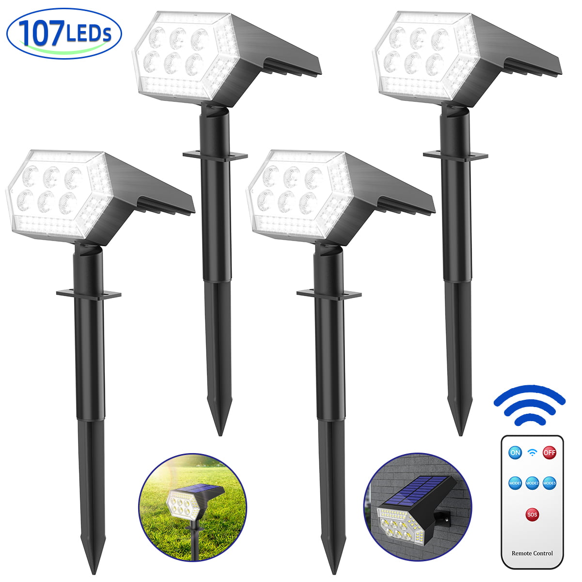 107 LED Solar Landscape Spotlights Outdoor， Ground/Wall Solar Spot Lights with Remote Control， USB and Solar Powered Wall Lights， 4 Lighting Modes Solar Security Lights for Garden Yard Patio， 4 Pack