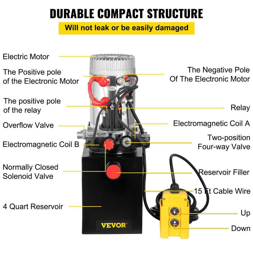 VEVOR 12-Volt DC 4 qt. Hydraulic Pump Hydraulic Power Unit Double Acting Hydraulic Pump Unit with Steel Oil Tank for Car Lift 4LCZYYBTXSZY00001V0