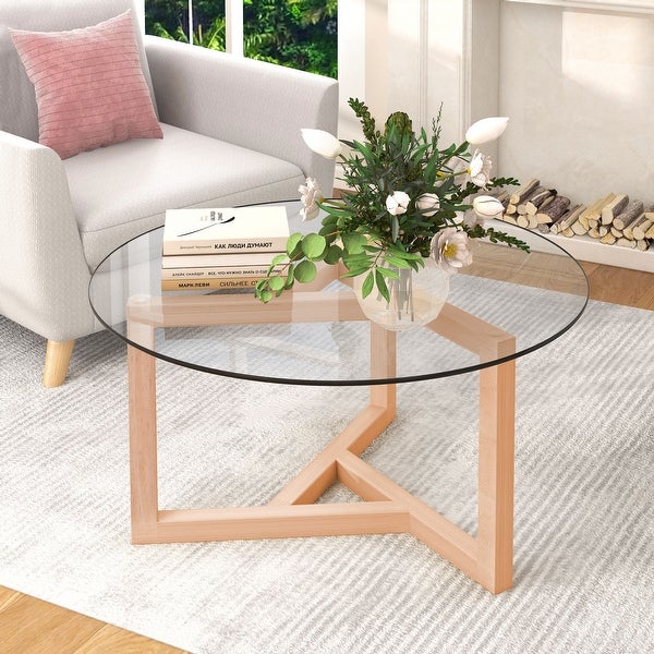 Modern Wood Round Coffee Table with Geometric Legs ，Glass Top