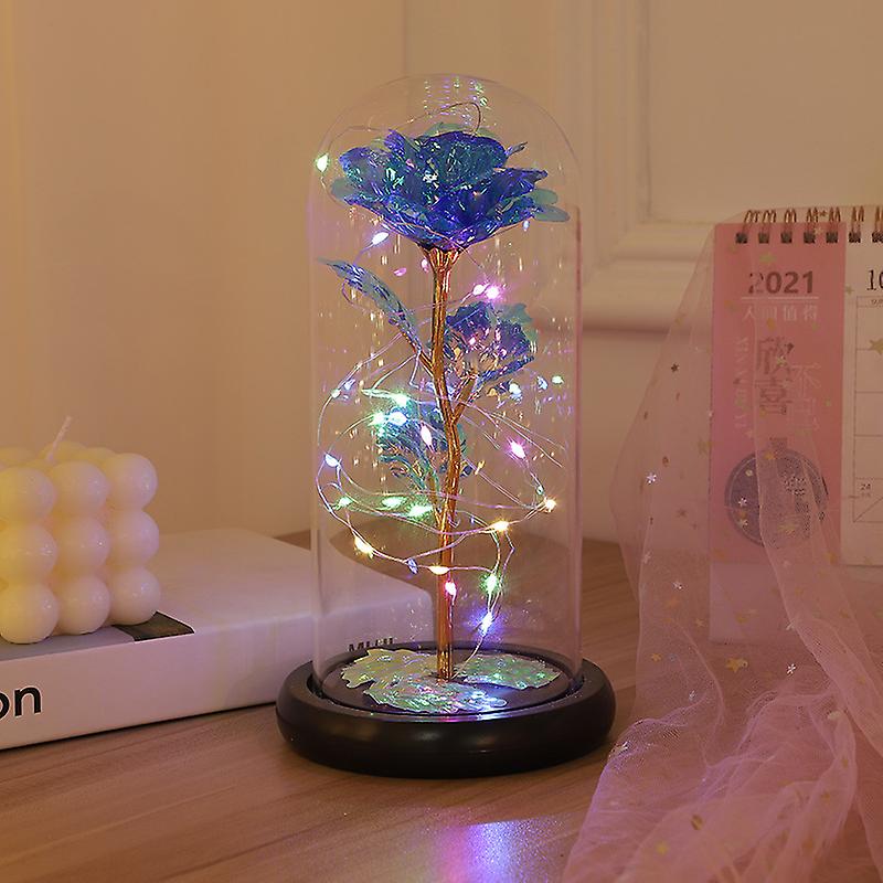 Artificial Eternal Rose Led Light Beauty The Beast In Glass Cover Christmas Home Decor For Valentines Day Year Gift(Dark blue)