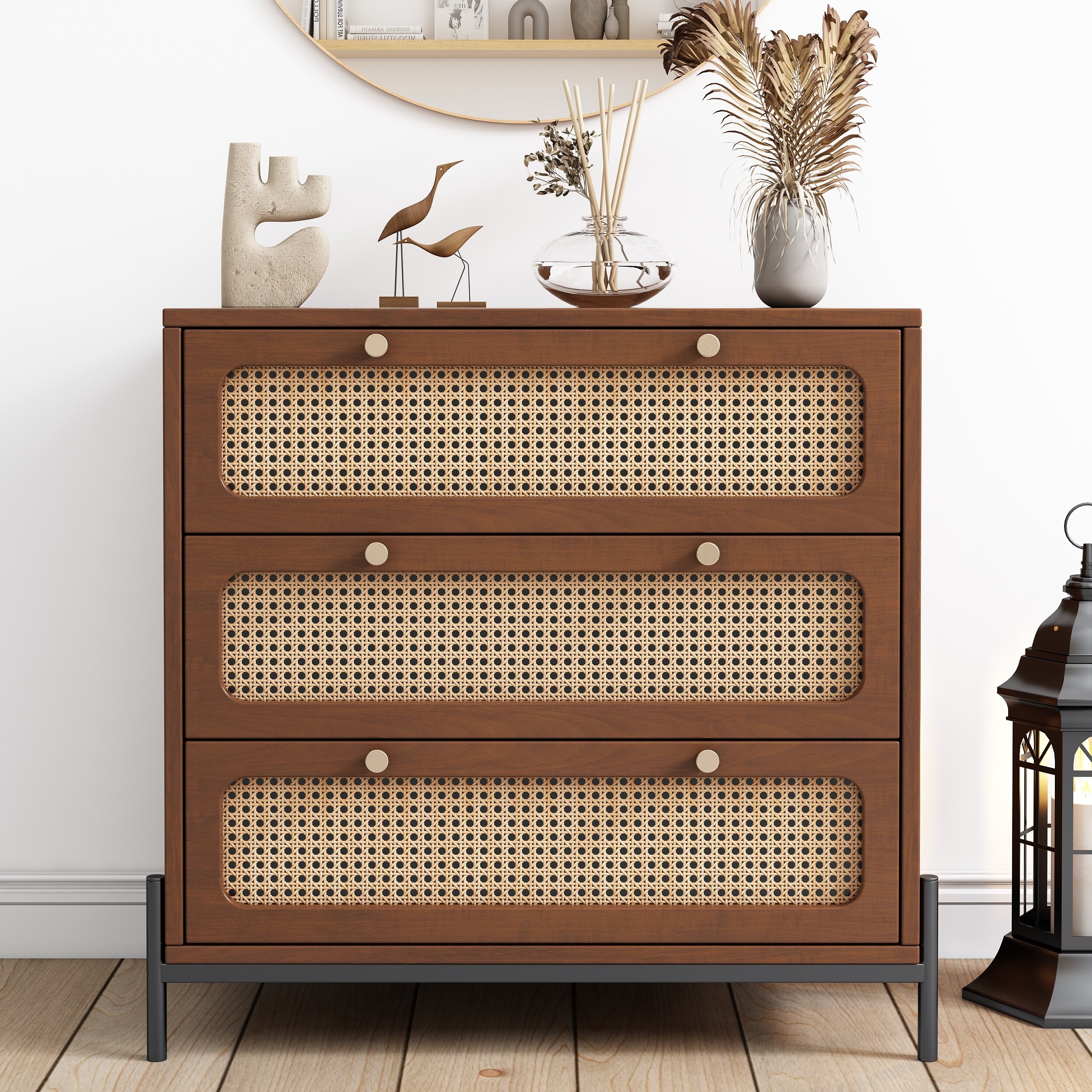 Modern Cannage Rattan Wood Closet 3-Drawer Chest Wood Storage Cabinet - - 37925680