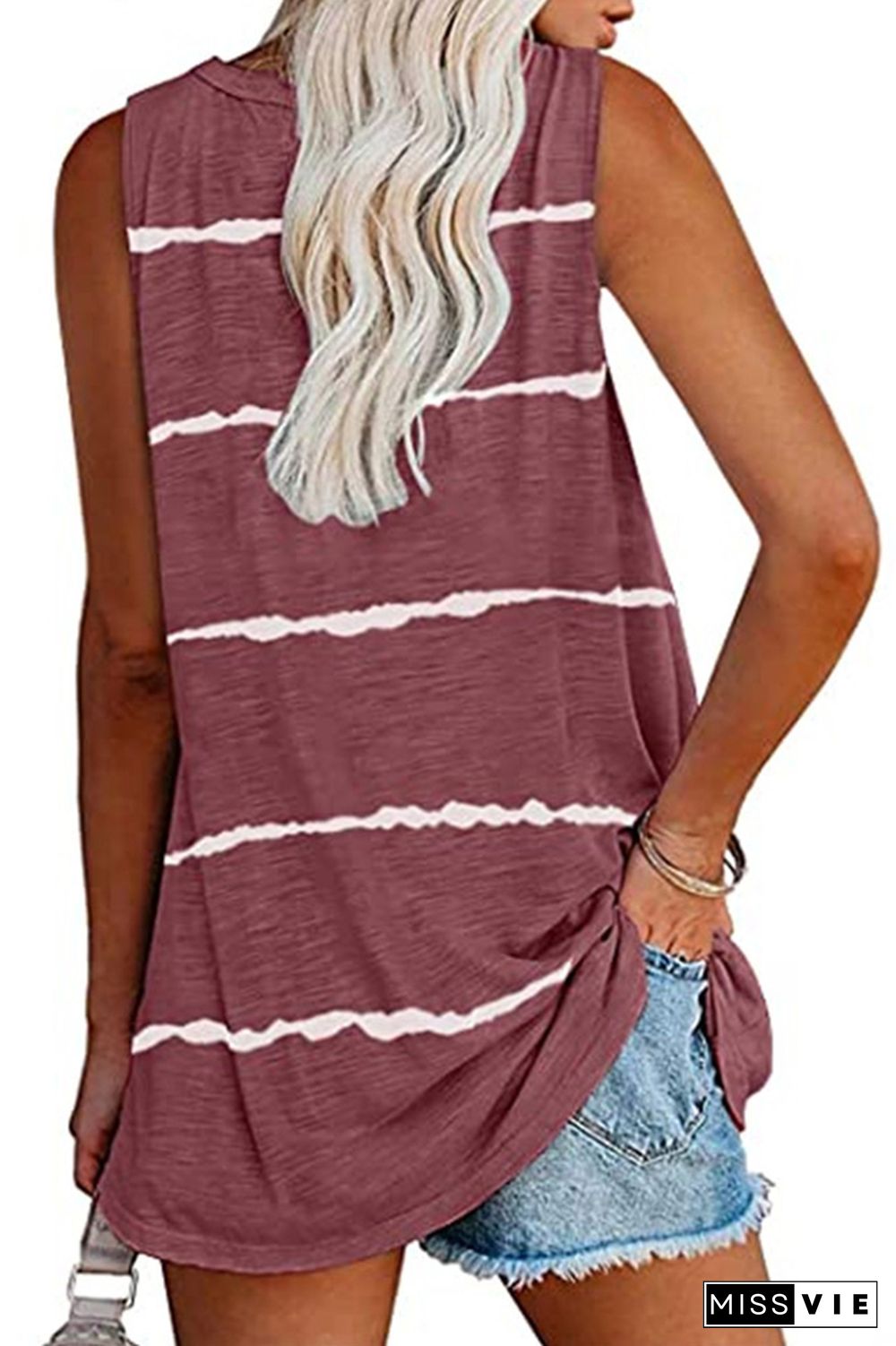 Wine Red V-Neck Striped Tank Top