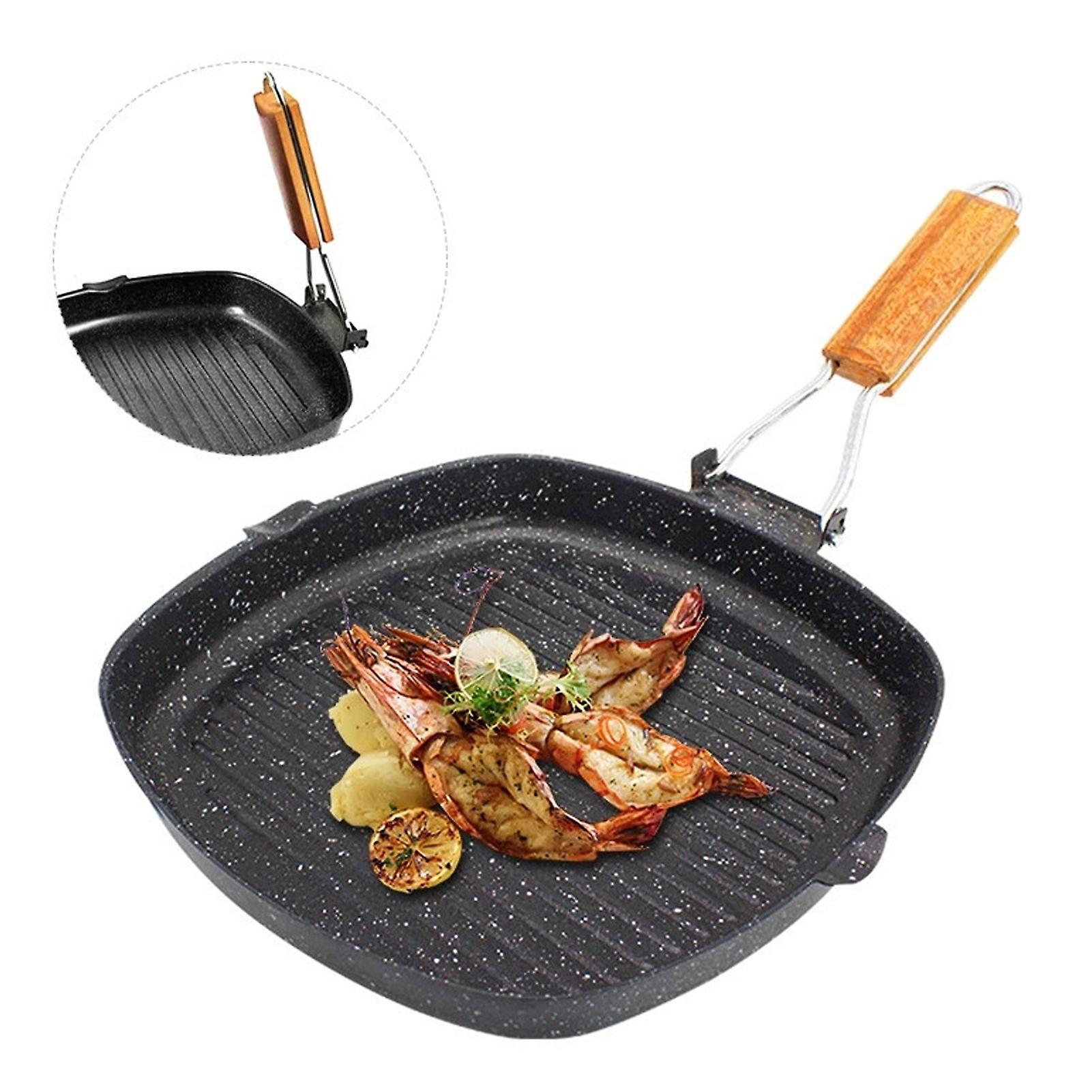 Stovetop Grill Pan，  Non-stick Frying Pan With Folding Beech Wood Handle Non-stick Grill Pan With Pour Spouts For Outdoor Home [s]