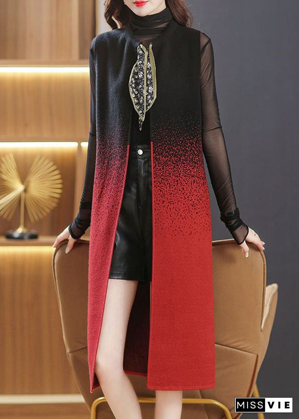 Women Black O Neck Pockets Lace Up Patchwork Woolen Long Waistcoat Sleeveless