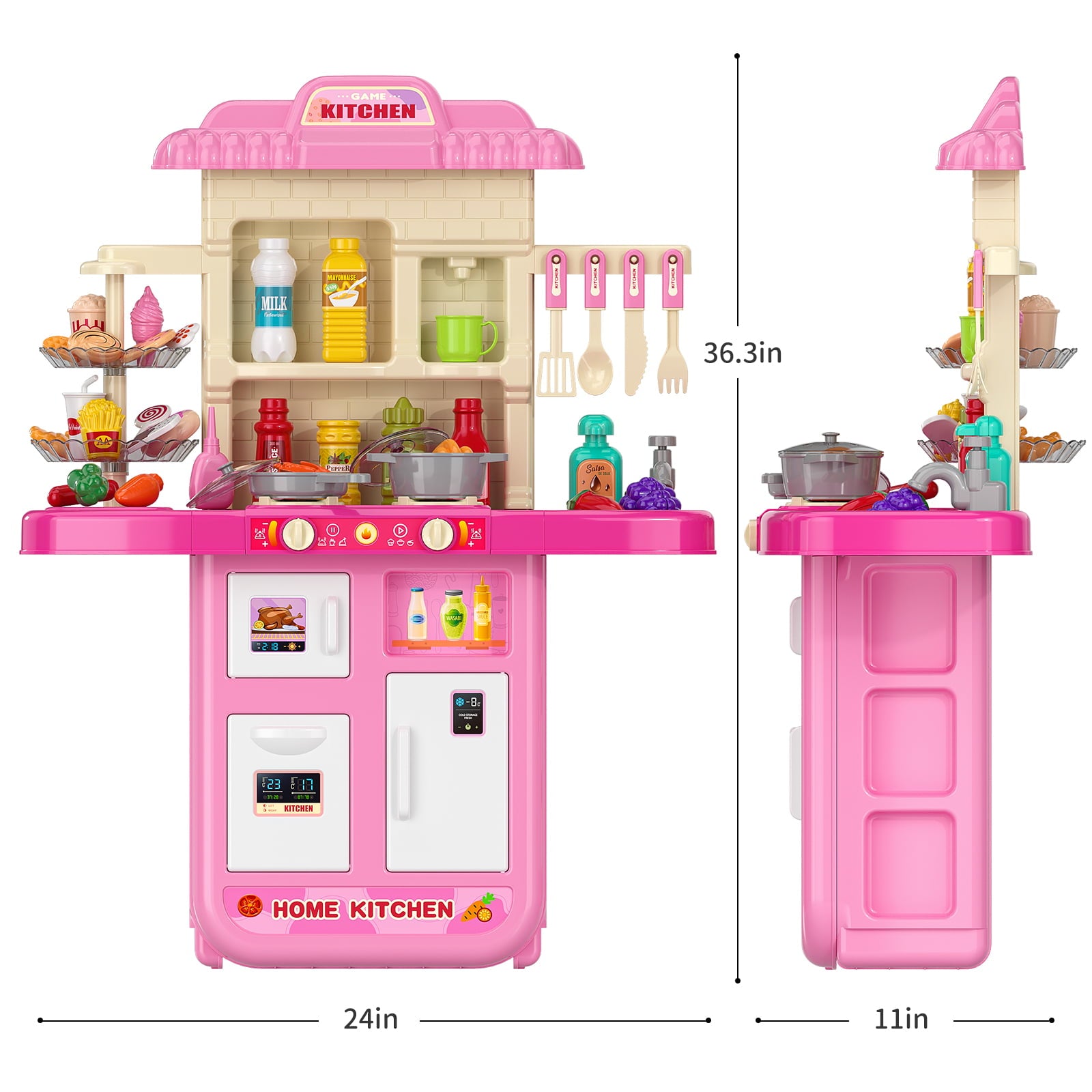 TEMI Play Kitchen Girls Toy Pretend Food - Kitchen Toys for Kids Ages 4-8, Kitchen Set for Toddlers 1-3, Play Kitchen Accessories w/ Real Sounds Light, for Girls Boys Age 2 3 4 5 6 7(36.3x24x11)