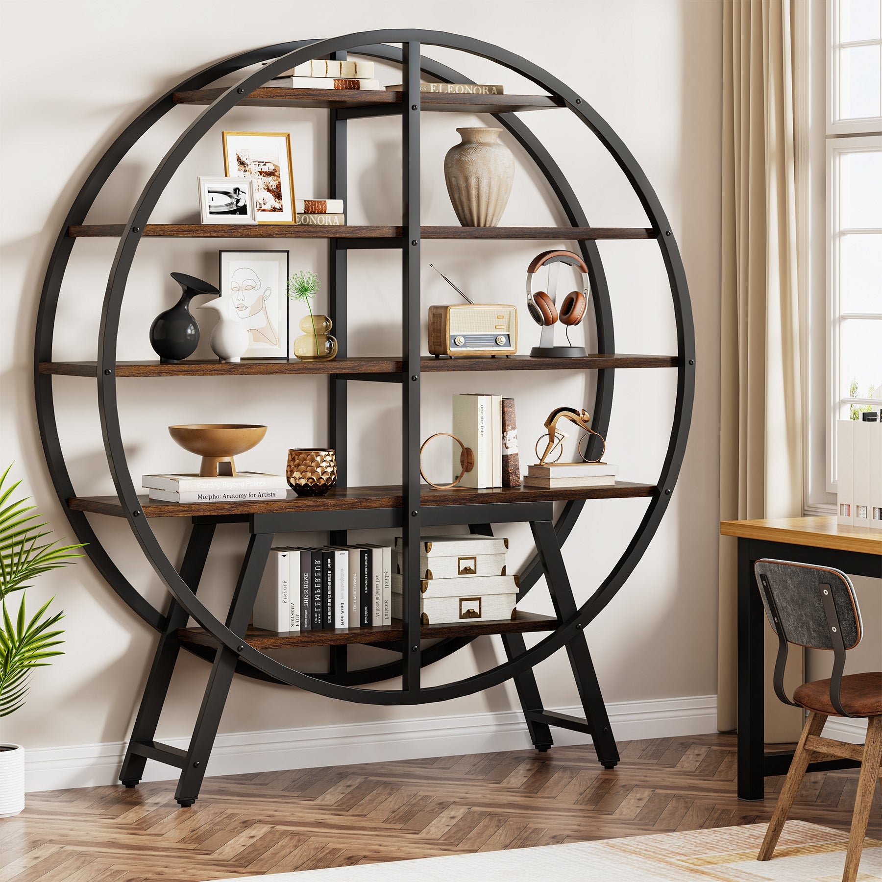 67 Industrial Bookshelf, 5-Tier Round Etagere Bookcase Display Shelf