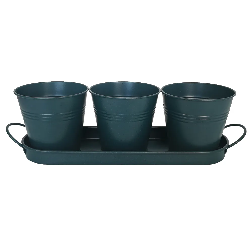 Hot selling set of 3 herb pots on a tray in galvanized metal flower pots for home decoration