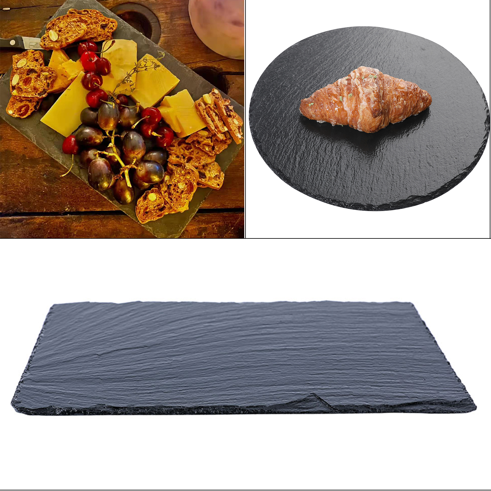 Set of 2 Black Slate Cheese Boards ， Individual Stone Plates for Cheese， Meat， Appetizers (8 x 12 In)