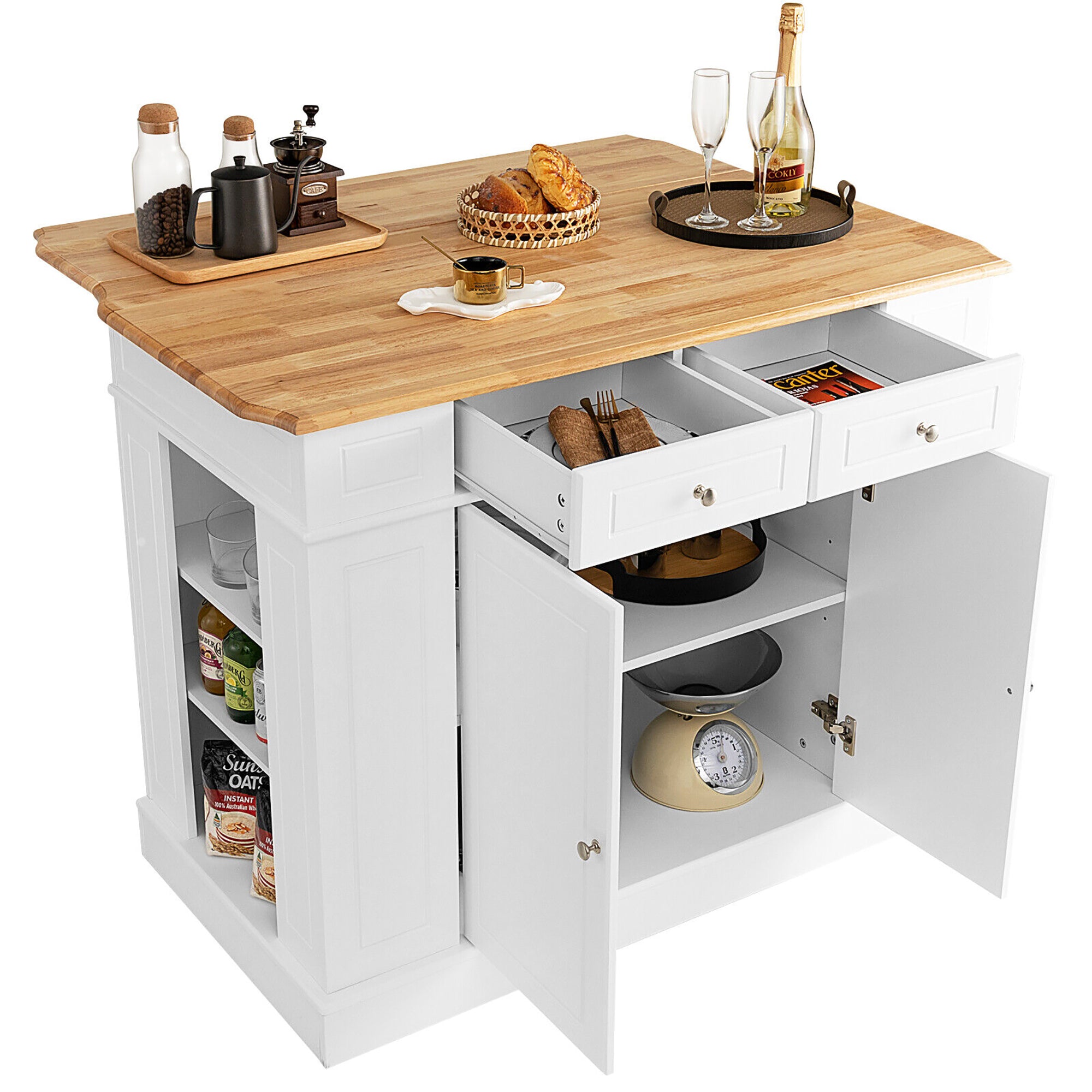 Gymax Large Kitchen Island Drop Leaf Breakfast Bar w/ Wood Top Shelves Drawers White