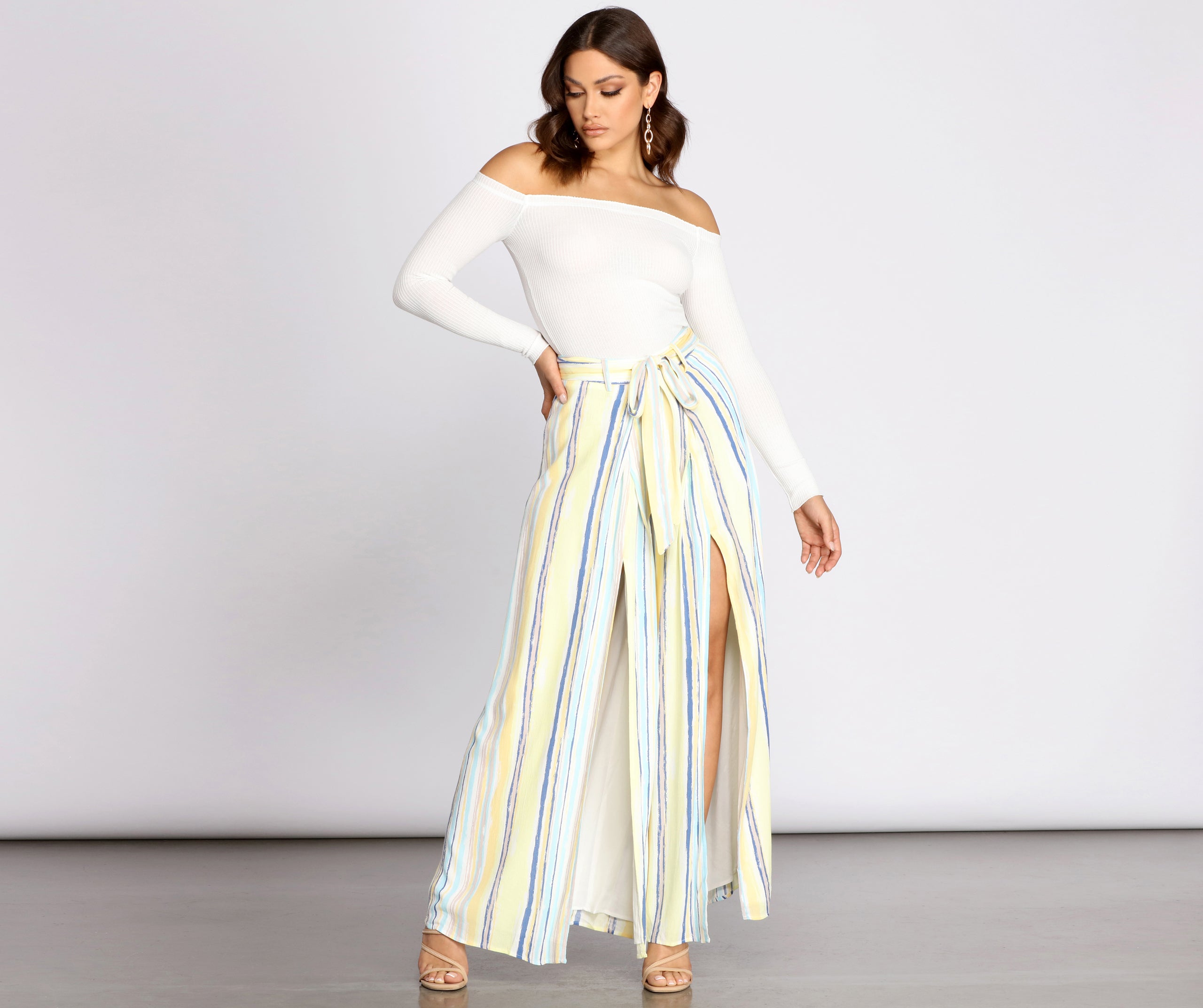 Front Slit Striped Wide Leg Pants