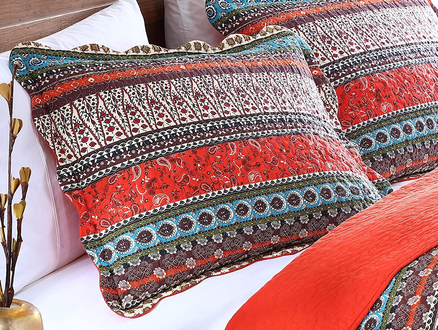 Chezmoi Collection Odette Boho Chic Bohemian 100% Cotton Quilt Set， Queen， Orange， 3-Pieces