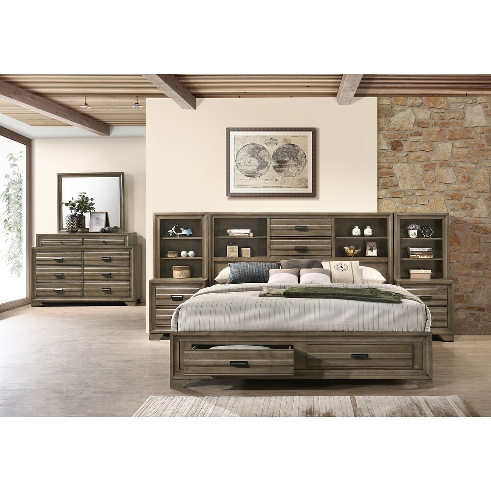 Roundhill Furniture Loiret Rubbed Gray Oak Finish Wood Storage Platform WallBed with Dresser and Mirror