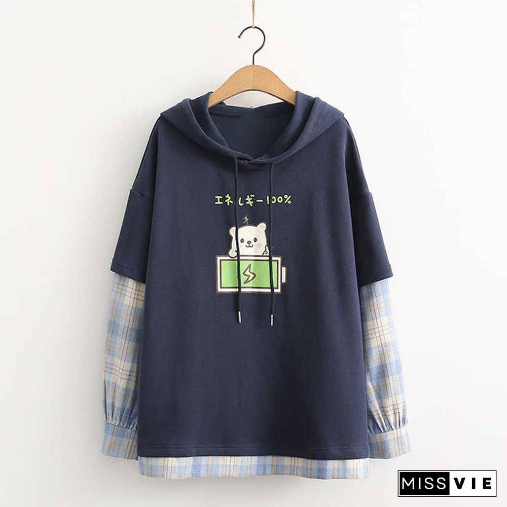 Cartoon Bear Charge Print Plaid Sleeve Hoodie