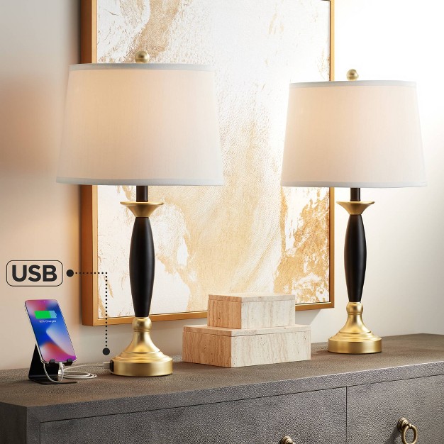 Tall Set Of 2 Gold Black With Dual Usb Charging Ports White Drum Shade For Bedroom Bedside Family Desk