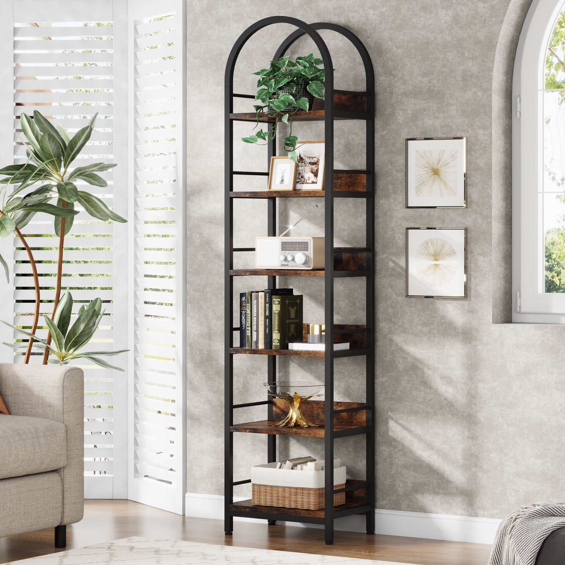 6-Tier Bookshelf, 78.7 Narrow Bookcase Arched Display Shelf