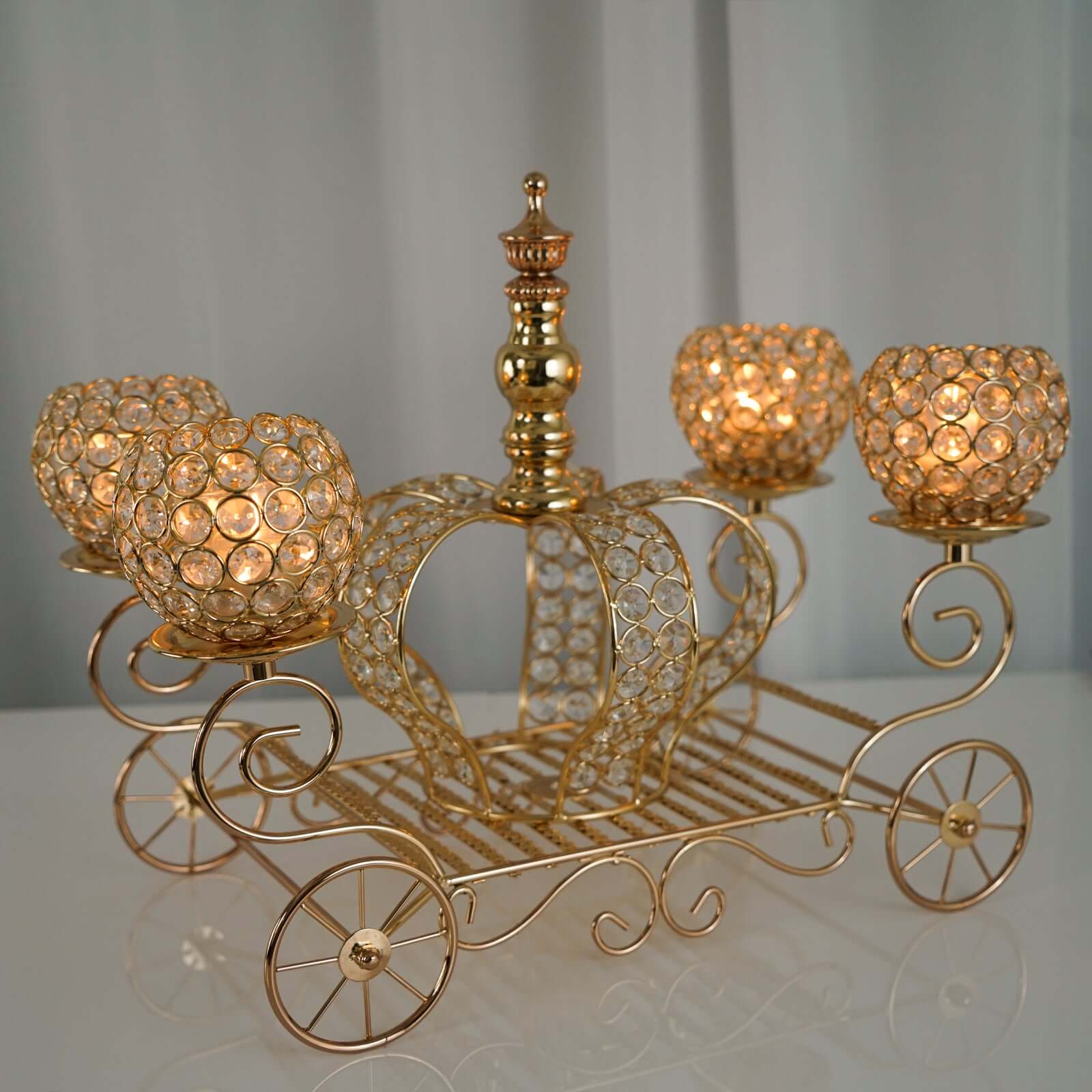 Gold Metal 4-Arm Crystal Cinderella Carriage Candle Holder Centerpiece 18