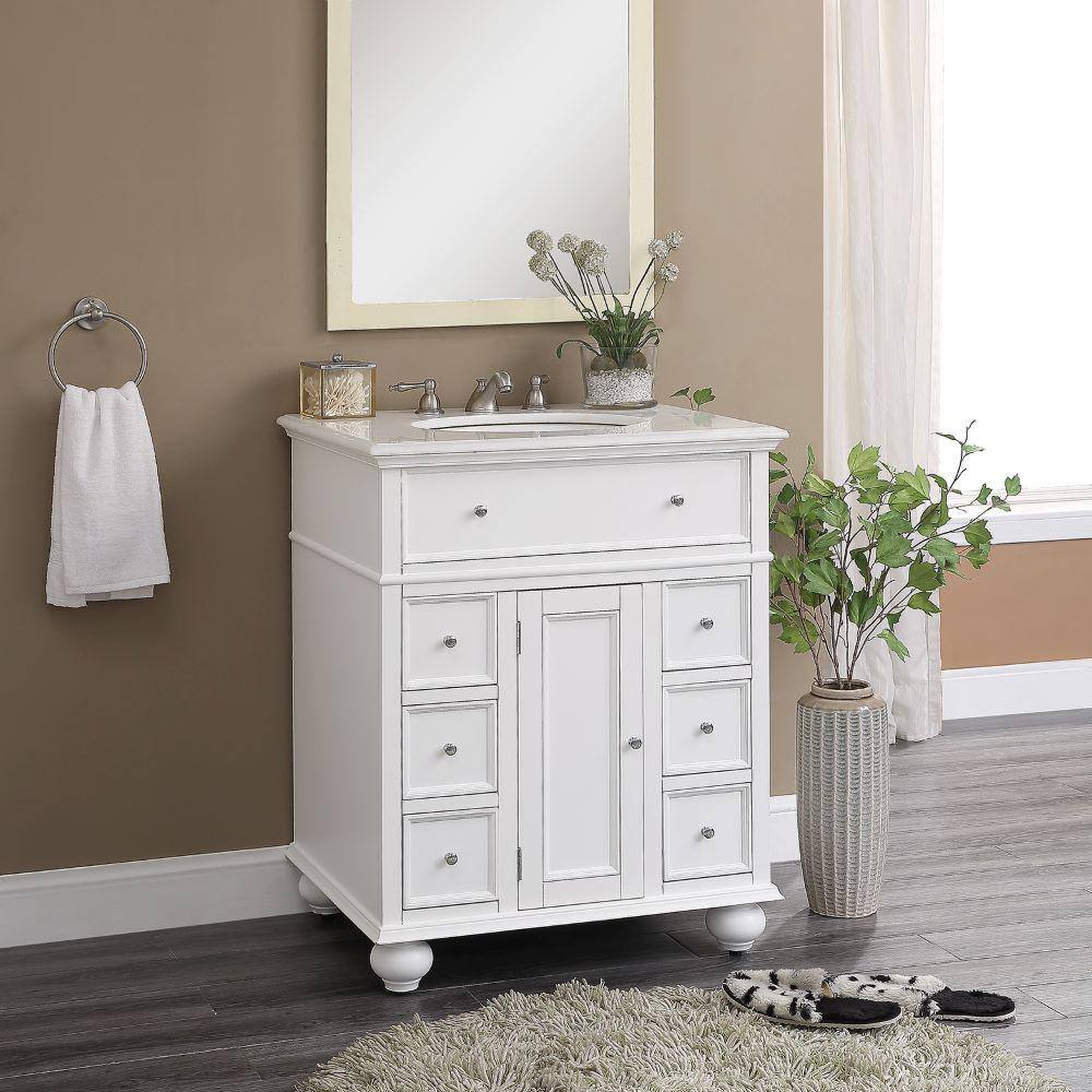 Home Decorators Collection Hampton Harbor 28 in. W x 22 in. D Bath Vanity in White with Natural Marble Vanity Top in White BF-22267-WH