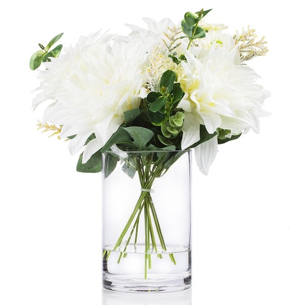 Enova Home Mixed Artificial Dahlia Fake Silk Flowers and Eucalyptus Grasses Arrangement in Clear Glass Vase with Faux Water