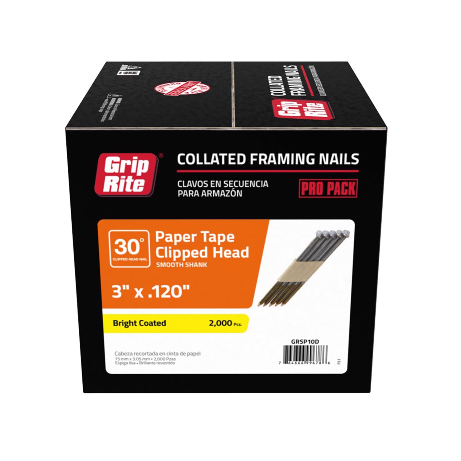 Grip-Rite 3 in. 12 Ga. Angled Strip Bright Framing Nails 30 deg 2000 pk