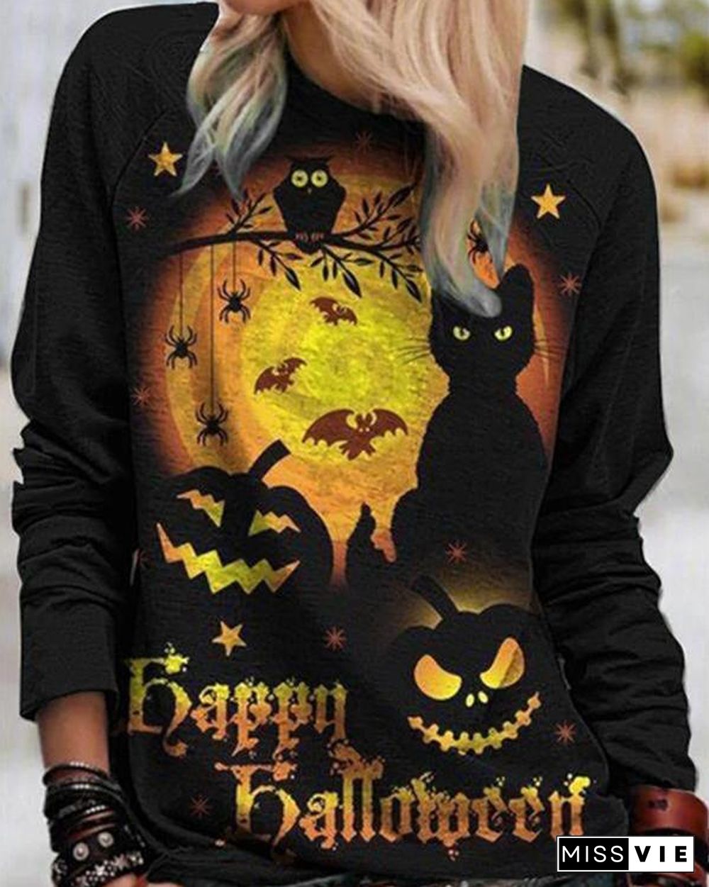 Women Print Casual Long Sleeve Loose Halloween Sweatshirt