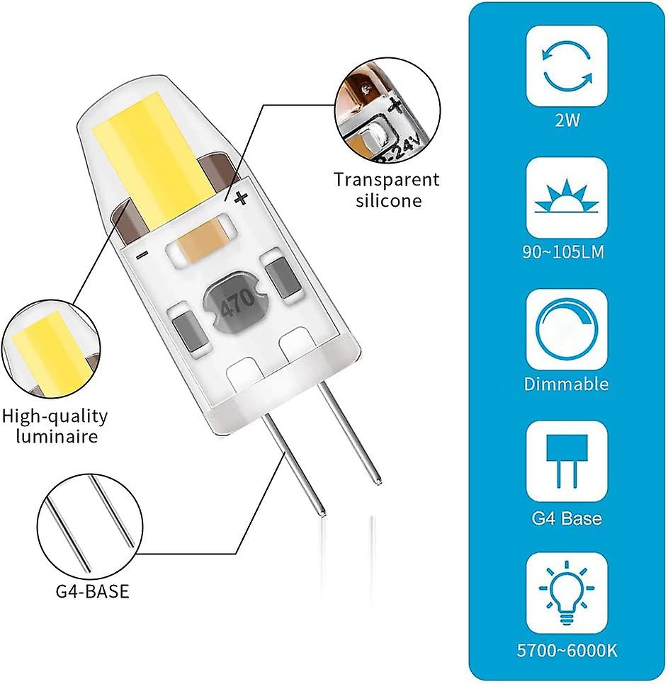 10pc Led G4 Dimmable Cool White Light Bulbs，2w Equivalent 20w Halogen Lamp，200lm No Flicker Energy Saving，ac/dc 12v-24v，g4 Bi-pin，360 Beam Angle