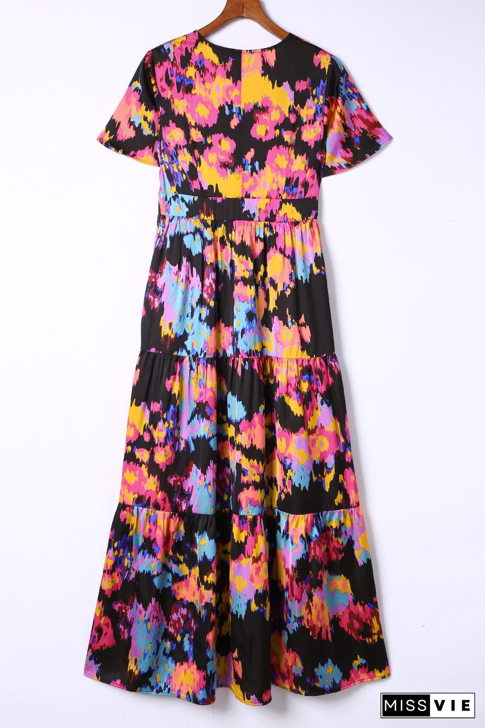 Black Abstract Floral Pattern Flutter Sleeve Tiered Maxi Dress