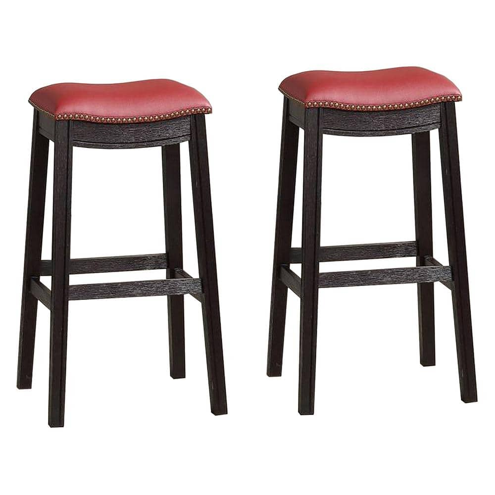 Benjara 29 in. H Gray and Red Wooden Bar Stool with Upholstered Cushion Seat (Set of 2) BM233108