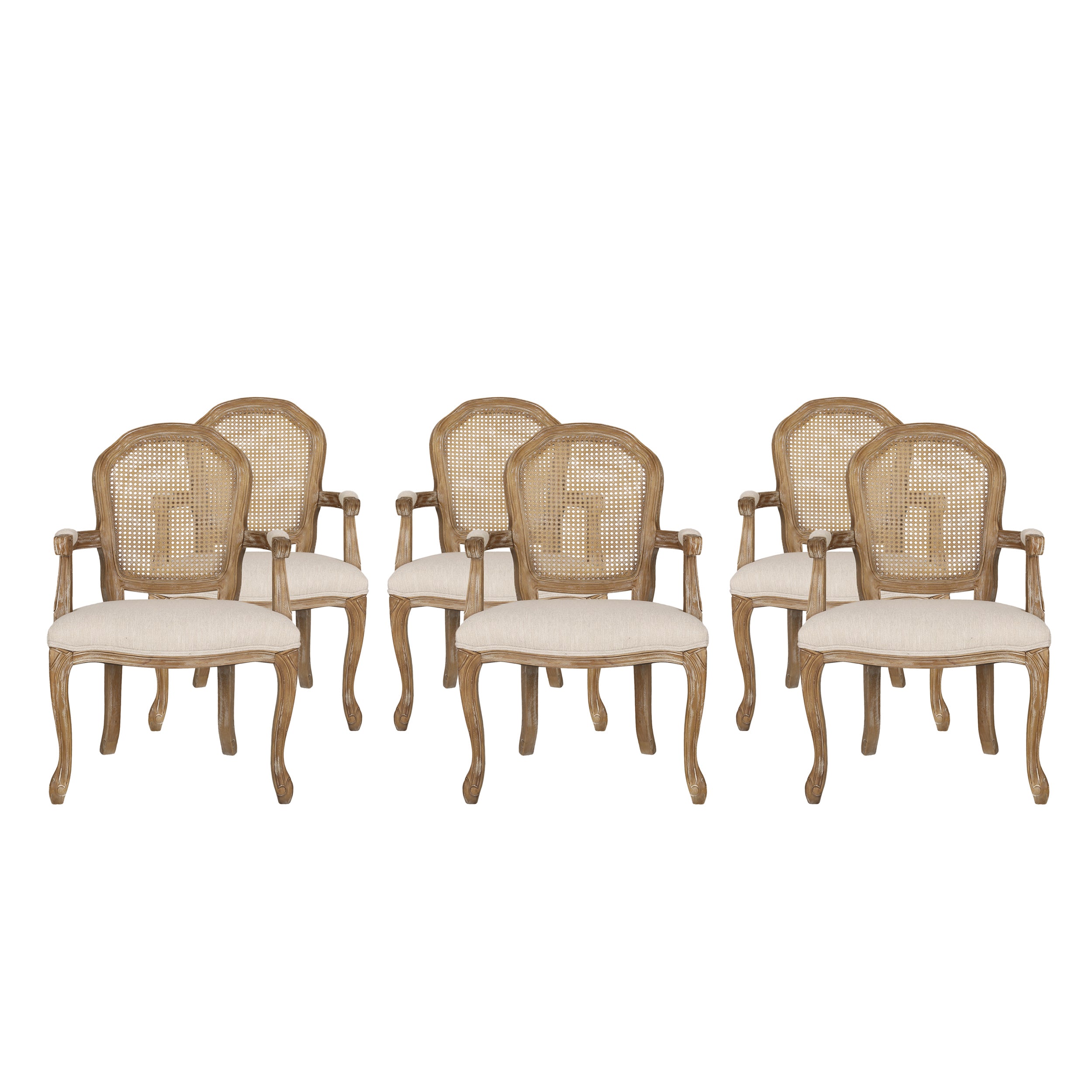 Mariette French Country Wood and Cane Upholstered Dining Chair, Set of 6