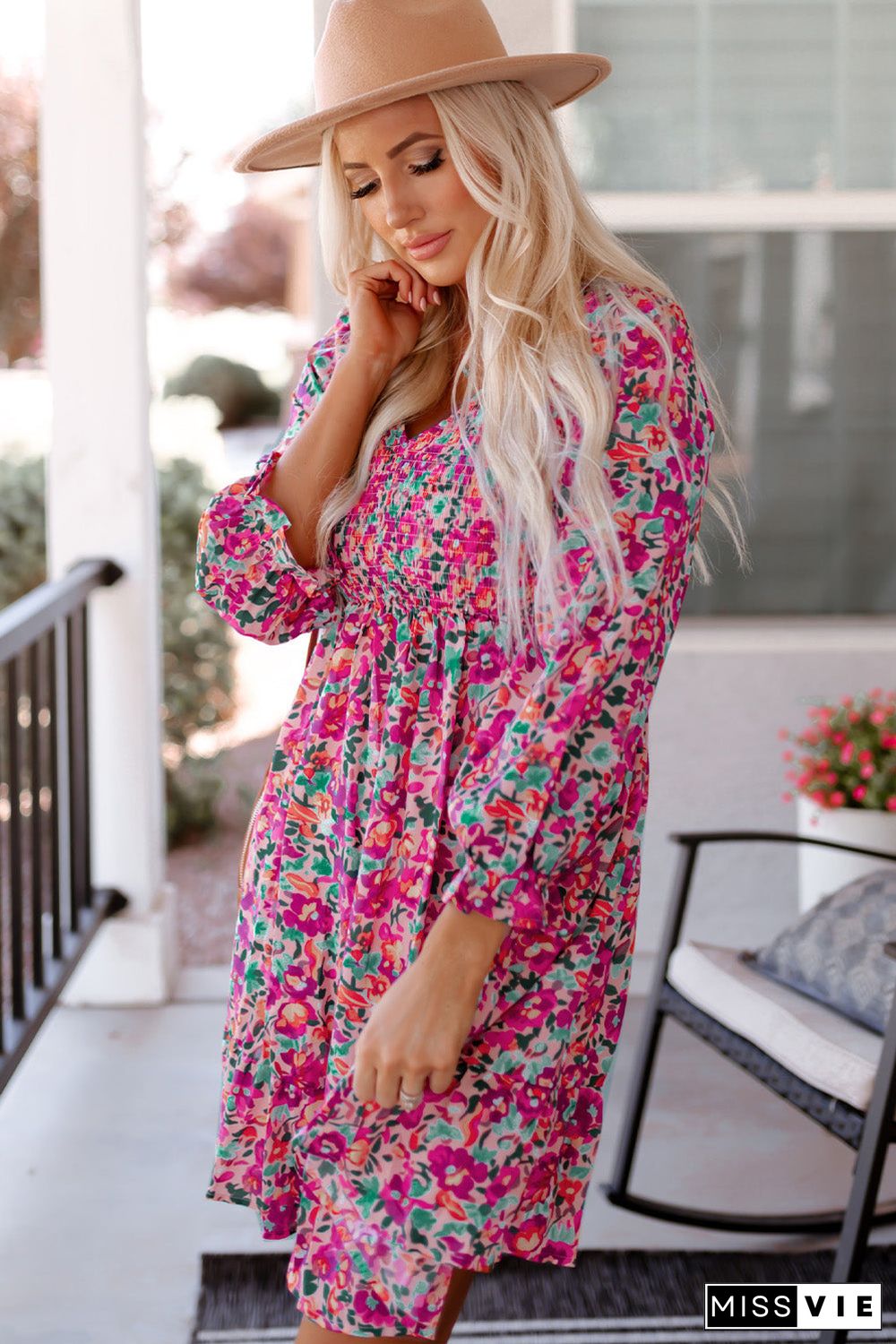 Purple Smocked V Neck Puffy Sleeve Floral Dress