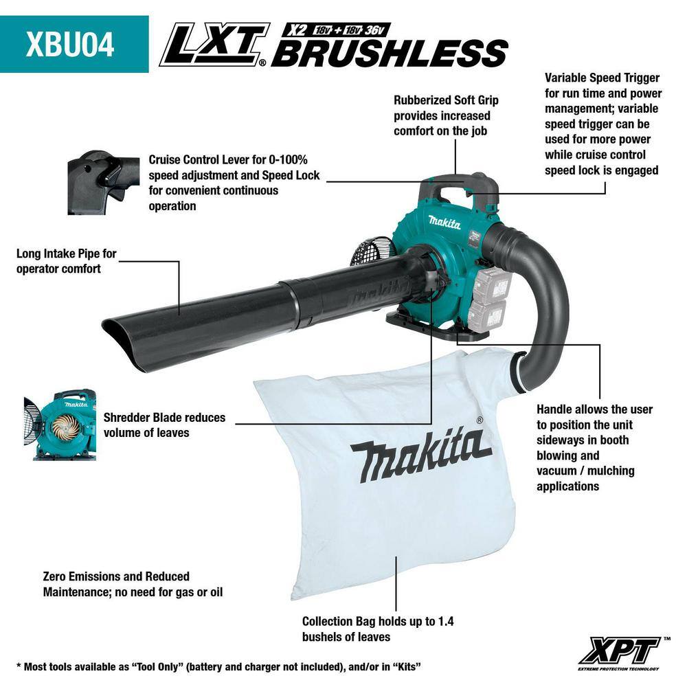 Makita 120 MPH 473 CFM 18V X2 (36V) LXT Lithium-Ion Brushless Cordless Leaf Blower Kit with Vacuum Attachment Kit (5.0 Ah) XBU04PTV