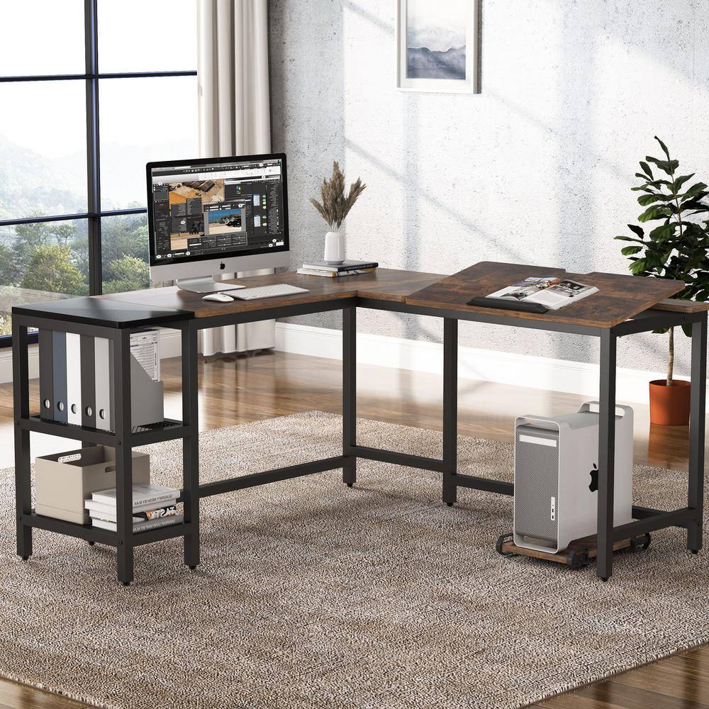 TRIBESIGNS WAY TO ORIGIN Halseey 59.05 in. L-Shape Black Metal Brown Particle Board Wood Top Corner Computer Desk with Storage Shelf HD-JW0222-WZZ