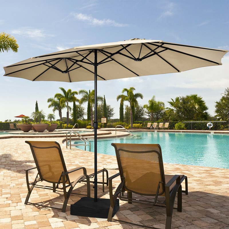 15FT Double-Sided Twin Patio Umbrella with Base & Crank System, Extra-Large Cantilever Market Umbrella