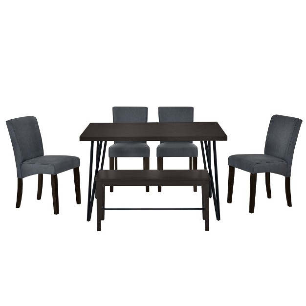 Modern 6 piece V shaped Metal Leg Dining Table Set With 4 Upholstered Chairs And 1 Bench Modernluxe