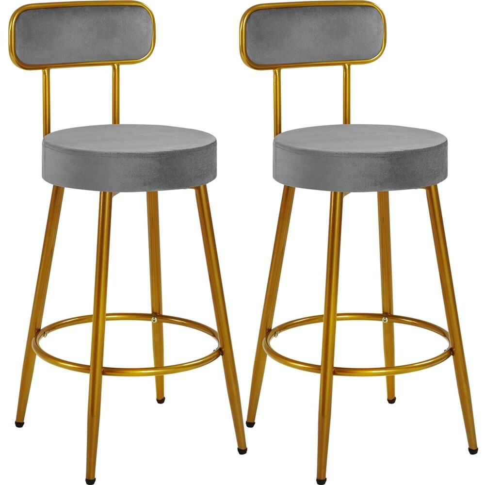 Yaheetech 2pcs Velvet Bar Stools With Gold Legs Counter height Bar Stools with Backrest and Footrest   N/A