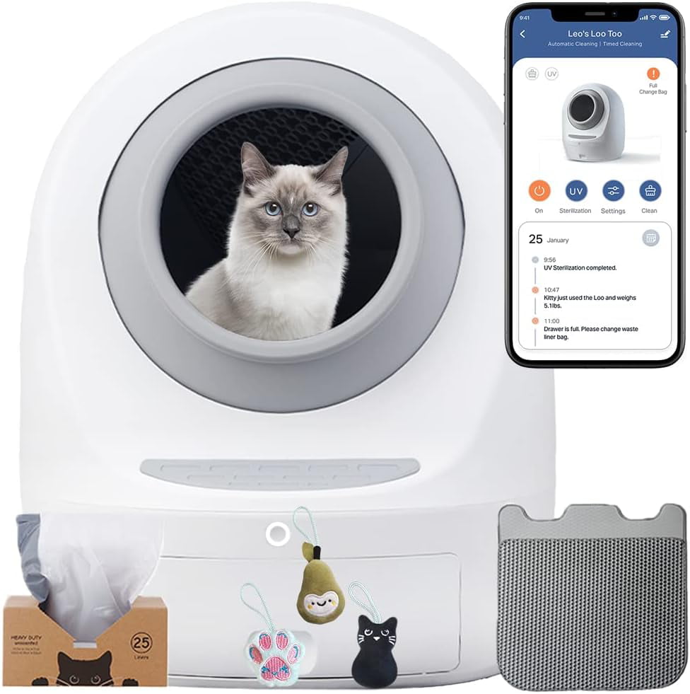 Leo's Loo Too Bundle Grey- No Mess Automatic Self-Cleaning Cat Litter Box Includes Charcoal Filter， Built-In Scale， Smart Home App With Voice Contol