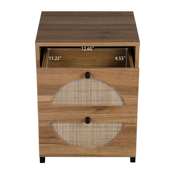 Lordear Natural Rattan Beige Side Table with 2 Drawer for Bedroom and Living Room