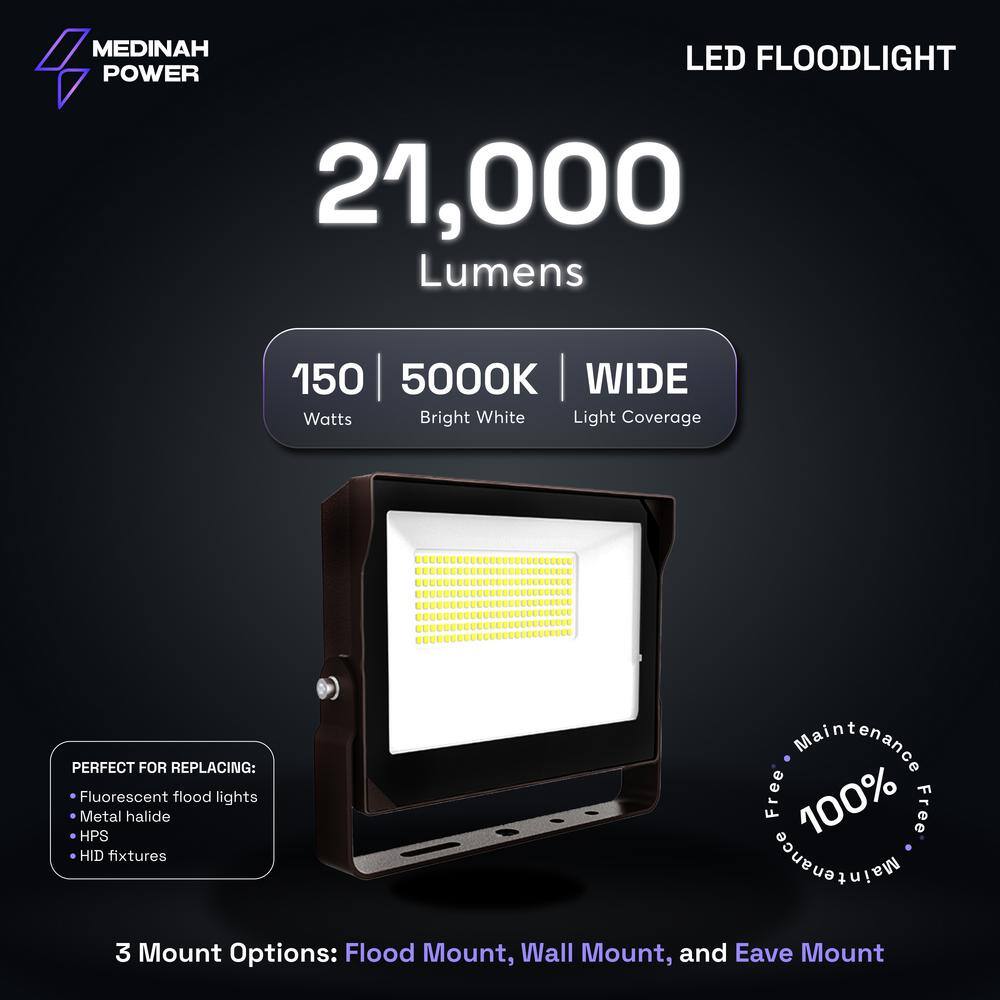 MEDINAH POWER 400W Equivalent Integrated 100 Degree Bronze LED Flood Light  21000 Lumens 5000K daylight Dusk-to-Dawn FLLS-150W-50K-DV2-PC-CL-BZFM