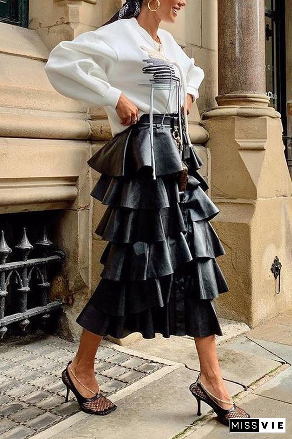 Button Up Ruffled Pu Tiered Skirt