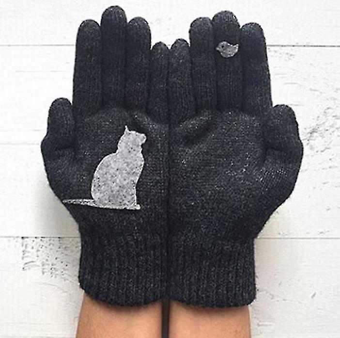 Women's Gloves Winter Warm Cold Cashmere Gloves Thick Cartoon Cat Print Wool Knitted Full Finger Gloves2setgrey+pink