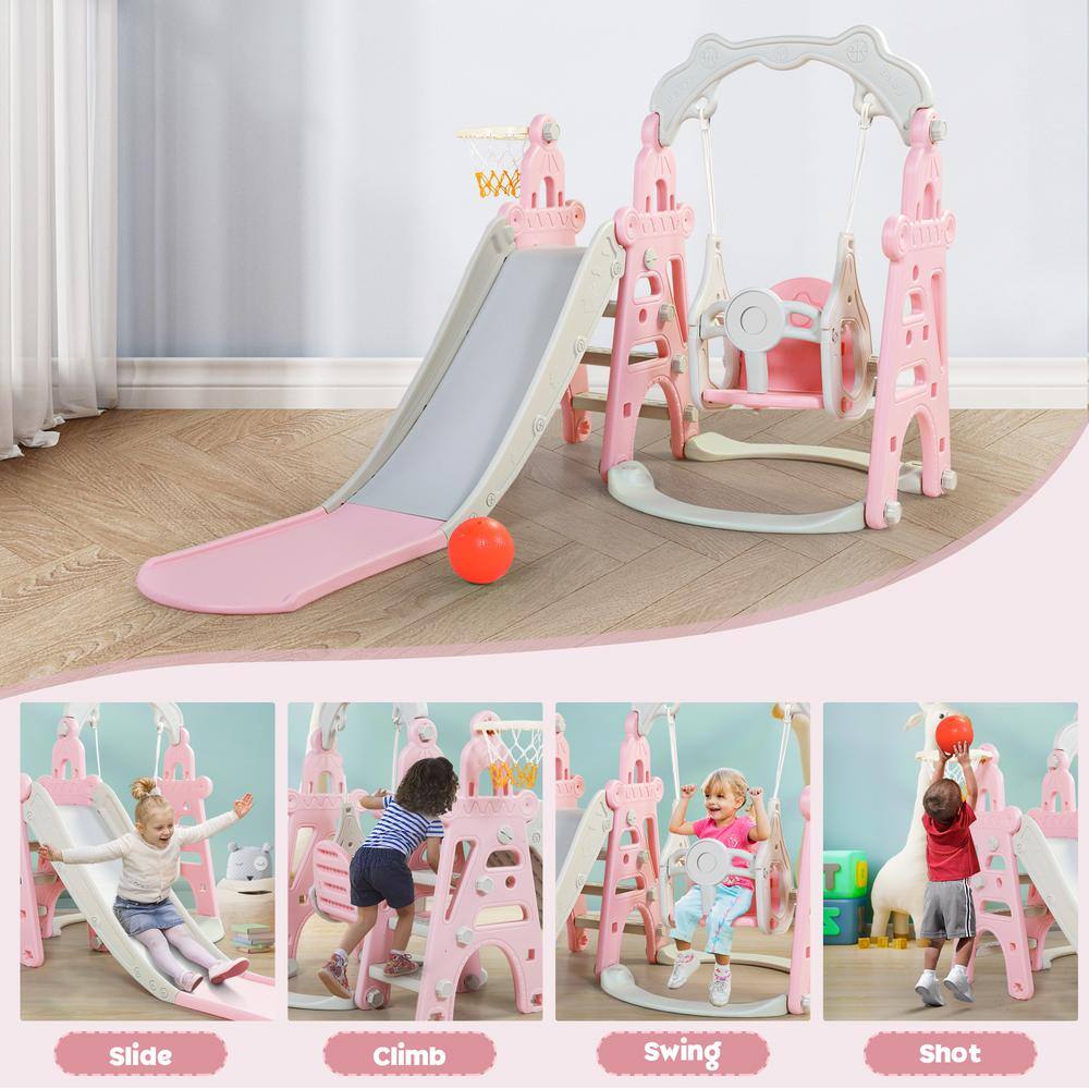 Nyeekoy 3 in. 1 Kids Slide and Swing Set Toddler Climber Playset Indoor Outdoor Playground Pink and Grey TH17G0755